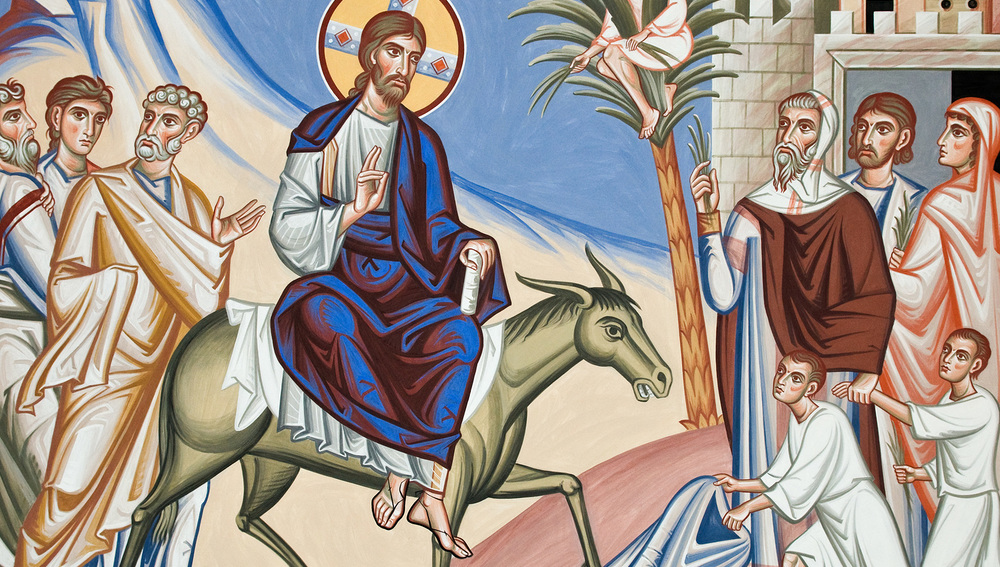 Einzug in Jerusalem - Palmsonntag, Jesus reitet auf einem Esel; Ikone, Wandmalerei in der russisch-orthodoxen Kathedrale; Zachäus