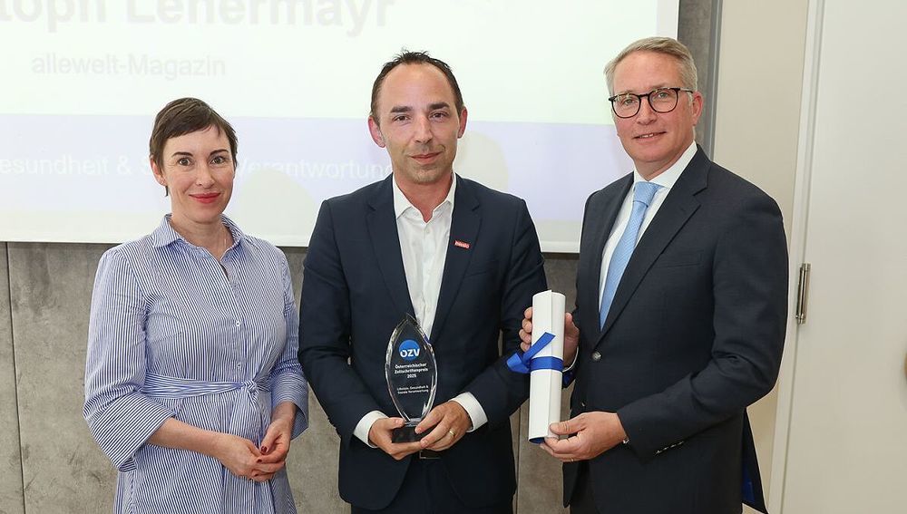 NR-Abgeordnete Henrike Brandstötter, allewelt-Chefredakteur Christoph Lehermayr und ÖZV-Vizepräsident Philipp Ita (v.l.)