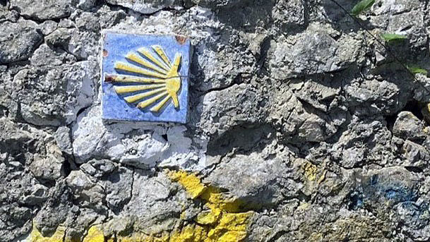 Gelbe Jakobsmuschel auf Steinmauer als Wegweiser für den Jakobs-Pilgerweg am 'Camino del Norte' bei Llanes